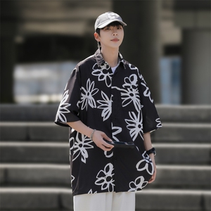 2025夏装花朵印花短袖冰丝衬衫男女潮流衬衣 C309P35图片
