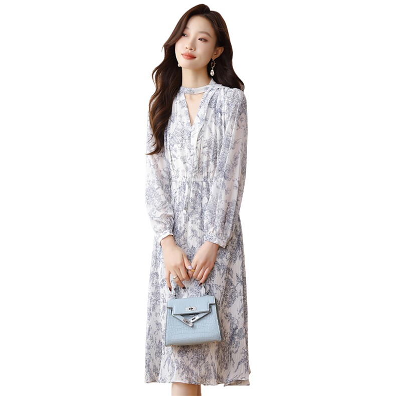 长袖V领气质连衣裙女装2025新款早秋优雅通勤收腰中长款裙子,女装连衣裙,艾米