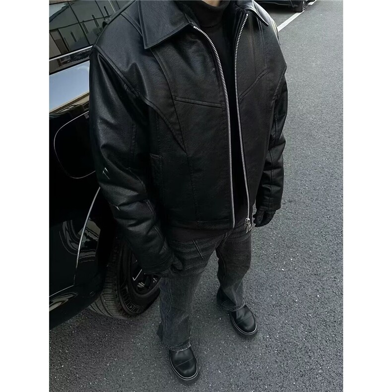 男士皮衣外套春秋季2025新款翻领潮牌痞帅派克服男款机车服皮夹克,男装皮衣,星座1210-1