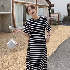 新款现货条纹抽绳修身连衣裙212A-610-P100-155，女装连衣裙，浙宝212A