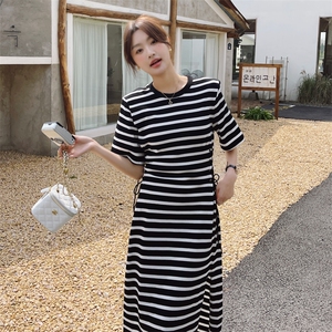 新款现货条纹抽绳修身连衣裙212A-610-P100-155图片