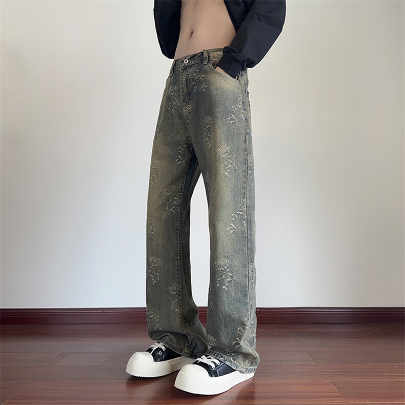 B221美式ins高街暗黑宽松直筒提花牛仔裤LK24396-特P52控88,男装牛仔裤,电商B221