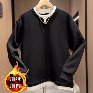 新款高克重假两件圆领卫衣男时尚百搭休闲宽松加绒上衣WY164 P45图片