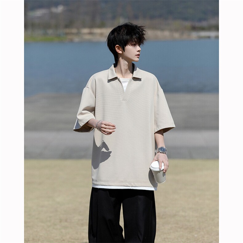 8XL-M假两件V领短袖t恤男夏翻领半袖宽松重磅华夫格大码DT001P40,男装T恤,电商B312
