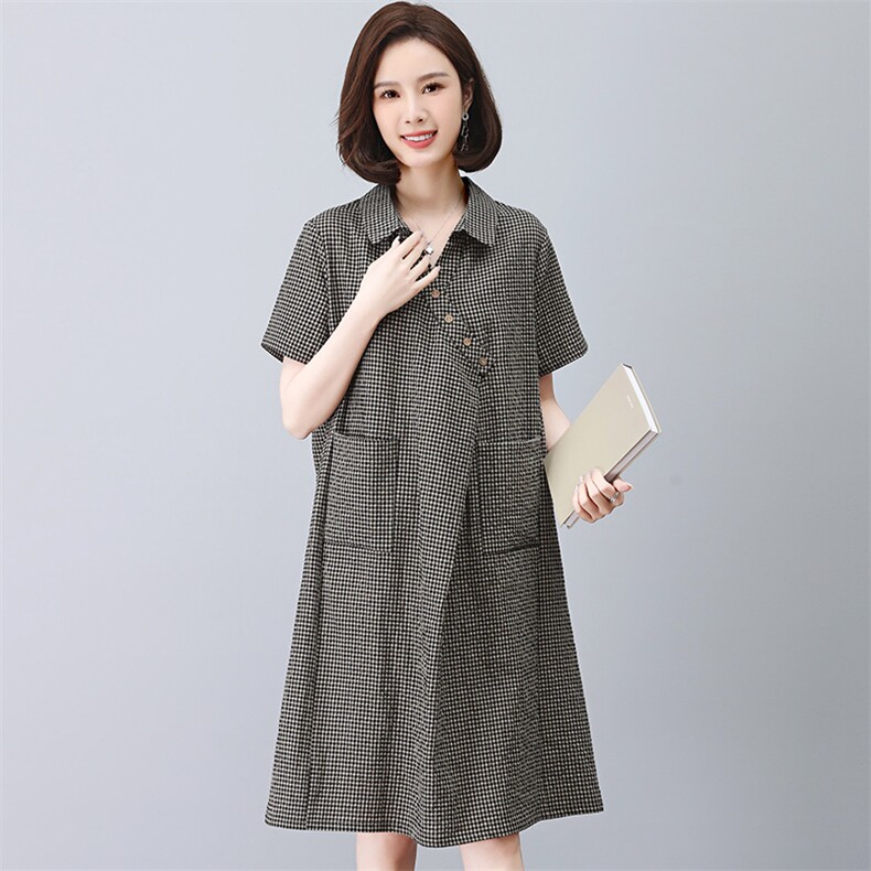 格子衬衫连衣裙女2025夏款中长款气质新款宽松显瘦棉麻短袖格子裙,女装连衣裙,江忆布依