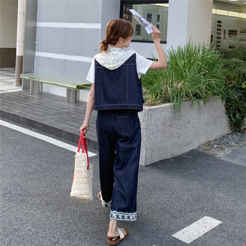 蕾丝连帽牛仔马甲阔腿裤三件套女夏薄款超火独特绝美韩里韩气套装,女装套装/套裙,慧尚依恋