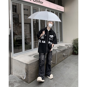 405A  高街美式设计感拉链装饰印花衬衫短袖T恤   CS03-P45控68图片