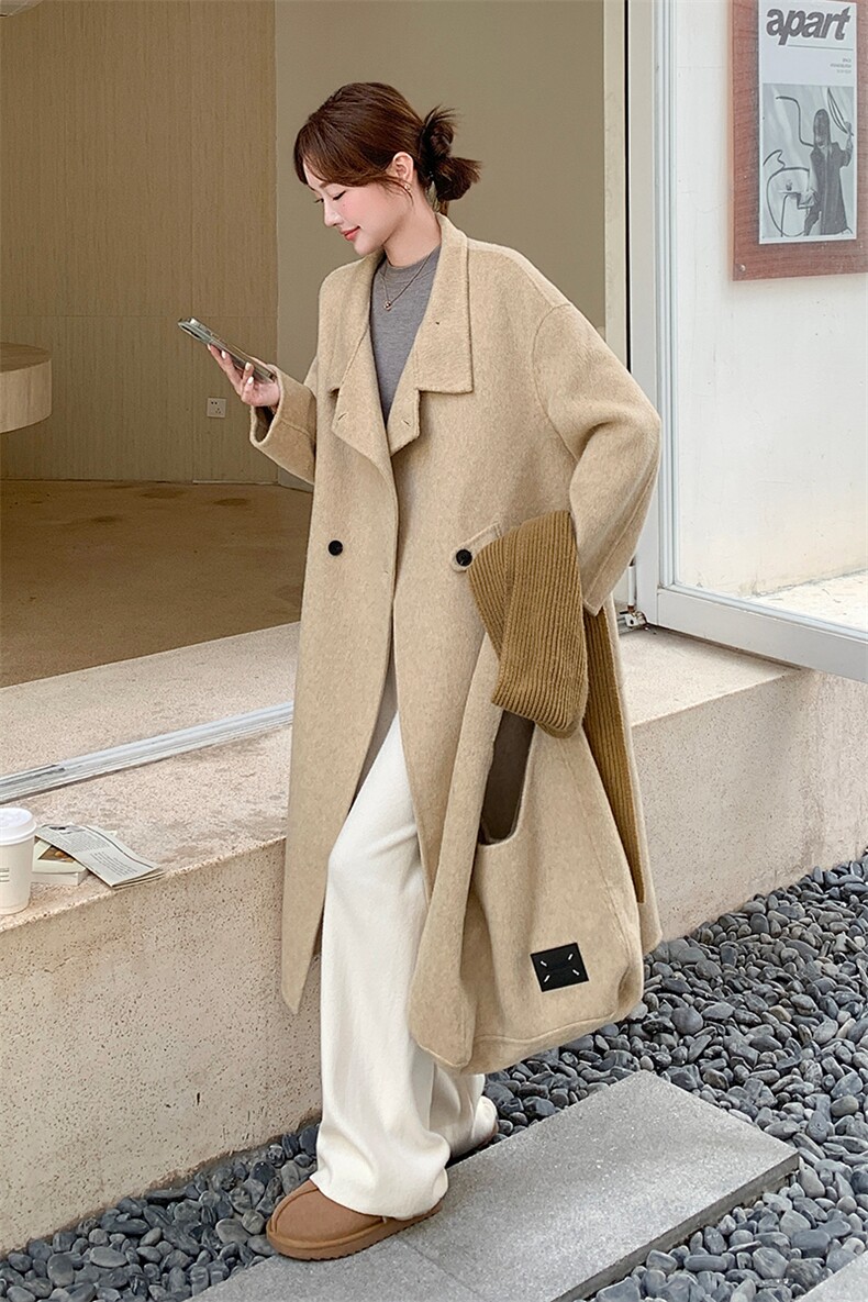黄色立领双面羊绒大衣女秋冬高级感2025新款气质长款收腰毛呢外套,女装毛呢外套,欧黛芙妮