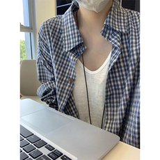 韩系蓝色格子长袖衬衫男款夏季松弛感慵懒风格纹衬衣美式潮牌外套，男装衬衫，星座1007（原301D）