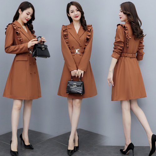 现货风衣2021秋季时尚简约大方风衣裙气质优雅收腰显瘦修身百搭,女装风衣,韩美纤衣