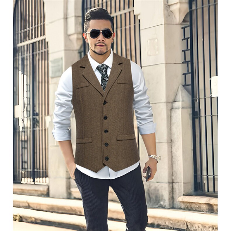 男士人字呢粗花呢西装背心复古翻领单排扣马甲背心M122P45，男装背心/马甲，星座1314