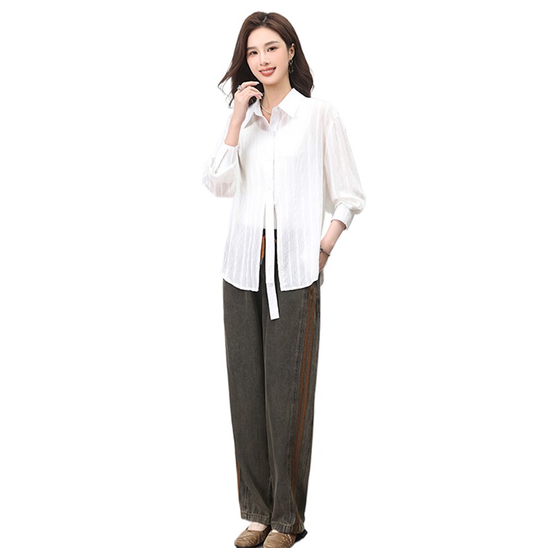 时尚优雅女装套装黑色条纹衬衫搭配宽松牛仔裤,女装套装/套裙,叶笙衣