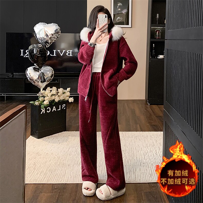 女秋冬季洋气毛领连帽外套阔腿裤两件套,女装套装/套裙,江南