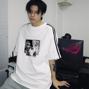 抖音得物高品质二开240克宽松纯棉美式潮牌三条杠织带短袖T恤图片