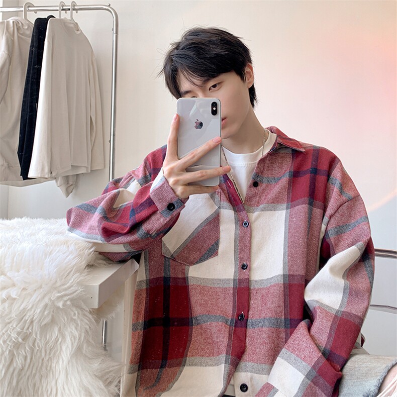 衬衫男秋季新款港风宽松大码磨毛格子长袖衬衣CS6636-特P29，男装衬衫，星座214-3