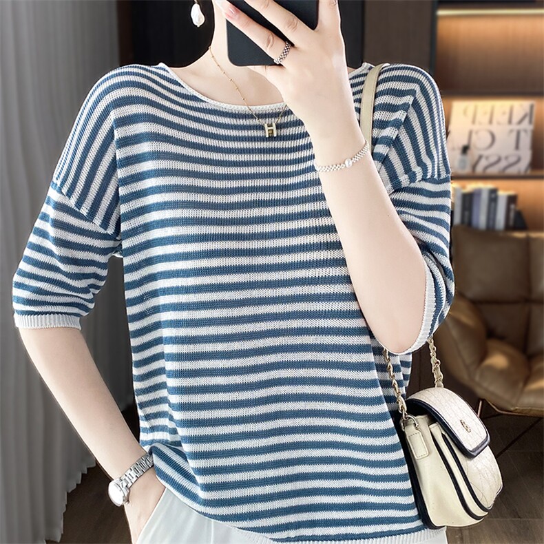 法式条纹冰丝针织短袖T恤女2025夏薄透气宽松显瘦上衣半袖t恤衫新,针织衫/毛衣,总能电商供货