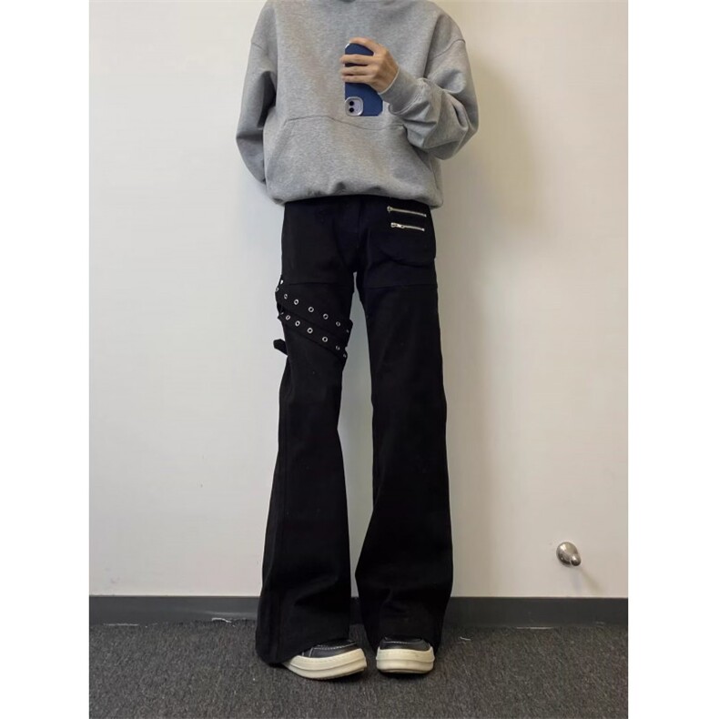 黑色vibe绑带微喇牛仔裤男cleanfit美式高街修身裤子LA5466-P53,男装牛仔裤,星座1008