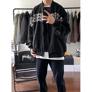 复古字母刺绣麂皮绒棒球服外套男女秋季高街夹克 JW732图片