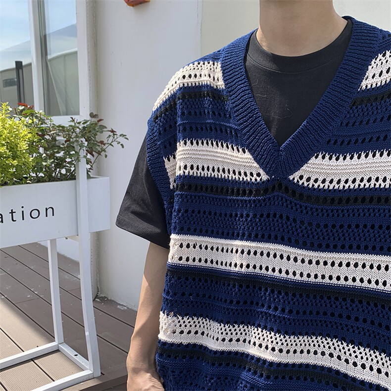 针织背心男韩版潮流条纹V领帅2024夏季新款ins宽松外套W4845-P35,男装背心/马甲,星座412-3