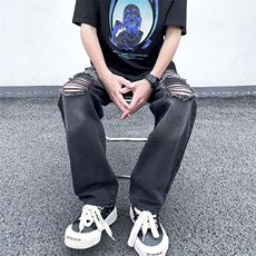 破洞牛仔裤男直筒宽松欧美高街vibe风长裤子N026-P40，男装牛仔裤，星座308B-2