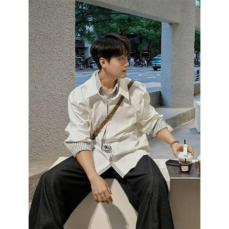 美式白色条纹撞色假两件衬衫男款夏季痞帅高级感cleanfit衬衣外套,男装衬衫,星座506A