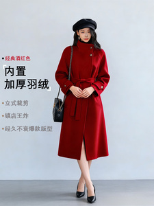 红色羽绒内胆毛呢外套女长款2025冬季新款时尚加厚赫本风呢子大衣图片