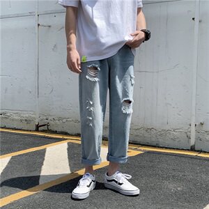 夏季薄款破洞牛仔裤男直筒宽松潮牌乞丐裤男女裤子浅色NB160图片