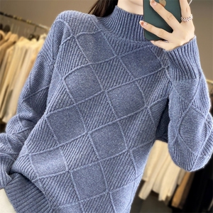 时尚百搭女士羊毛衫 菱形方格纹高领毛衣 显瘦保暖秋冬新款图片