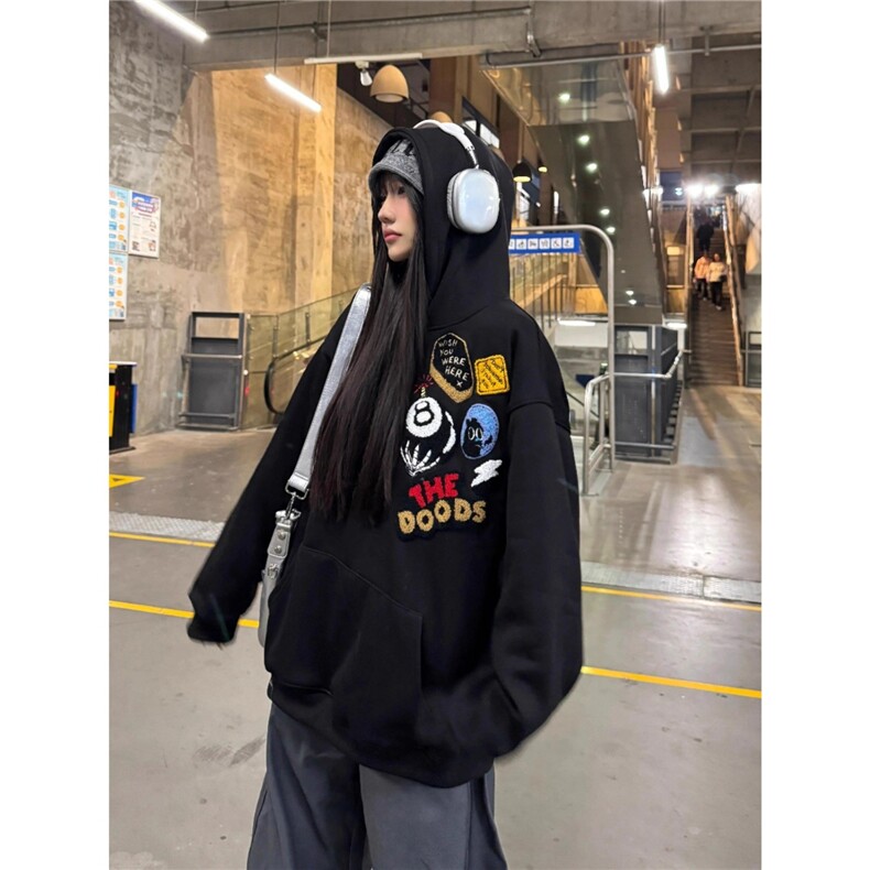 潮美式复古植绒刺绣连帽卫衣男女春秋外套宽松百搭街头帽衫上衣,男装夹克,星座1210-1