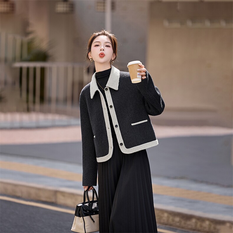 毛呢外套女2025秋冬新款小个子高级感韩系超好看短款双面羊毛大衣,女装毛呢外套,奕可儿