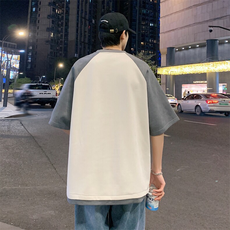2026夏装男圆领拼色拼接麂皮绒五分袖短袖T恤T800/P35杏色,男装T恤,电商A094