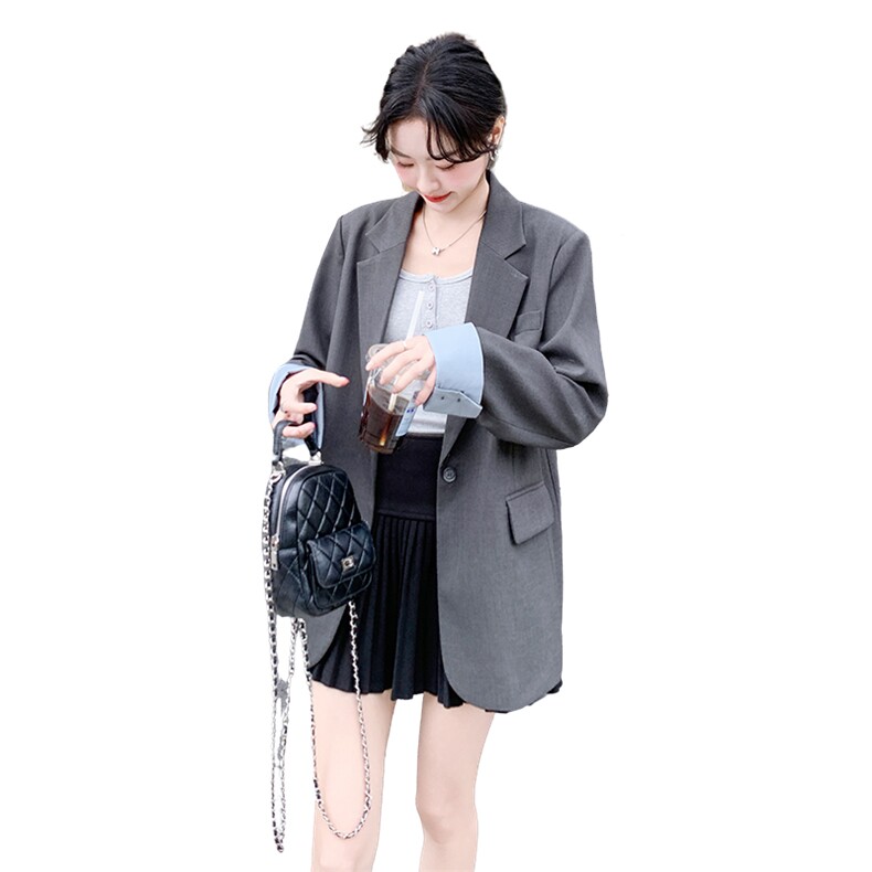 灰色英伦风西装外套女2025春季新款今年流行拼色宽松百搭西服上衣,女装西装,2C198