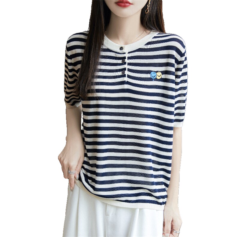 2025夏季薄款短袖T恤女设计感条纹休闲拼色正肩半袖t恤减龄上衣新,针织衫/毛衣,郡淞羊绒