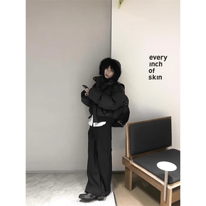 现货5W件冬季三防重磅硬挺boxy短款羽绒立领PU皮棉衣外套加厚棉服图片