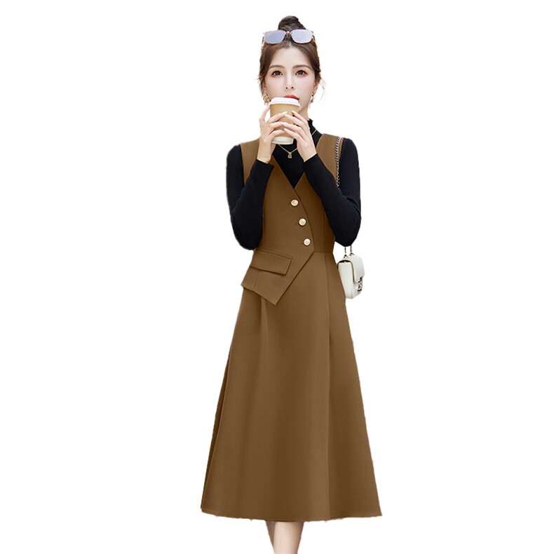 时尚马甲两件套连衣裙显瘦气质长款女装优雅百搭秋冬新品,女装连衣裙,鑫鑫美