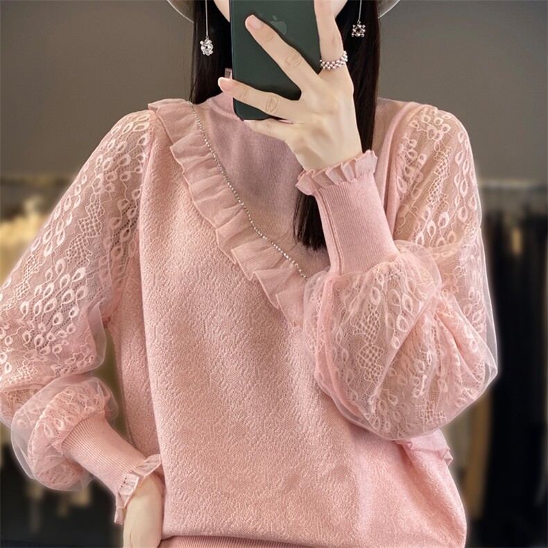 精纺羊毛蕾丝拼接女半高领套头宽松上衣秋季新款纯色针织薄款毛衣，女装羊毛衫，宛庄羊绒