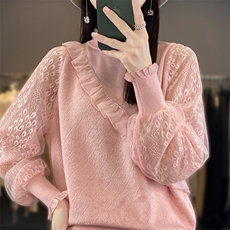 精纺羊毛蕾丝拼接女半高领套头宽松上衣秋季新款纯色针织薄款毛衣，女装羊毛衫，宛庄羊绒