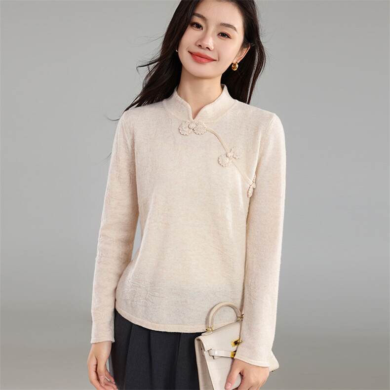 2025年秋季新款中式盘扣梅竹花三扣针织上衣百搭休闲，女装针织衫/毛衣，奢优羊绒