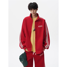 8XL-M条纹撞色开衫新年红卫衣运动套装潮牌运动服校园风TZ114P118，男装休闲套装，电商D206-1
