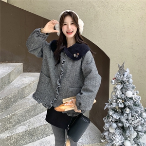 韩版学院风娃娃领毛呢白鸭绒外套女短款灰色气质减龄小个子羽绒服图片