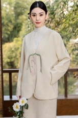 新中式国风禅意女装茶艺师服装改良汉服唐装上衣旗袍外搭开衫，女装毛呢外套，芷墨服饰