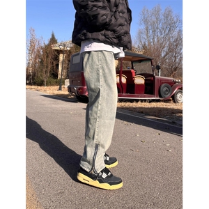 1506-1/K9931/P44复古水洗做旧黄泥染拉链开叉牛仔裤男直筒长裤子图片