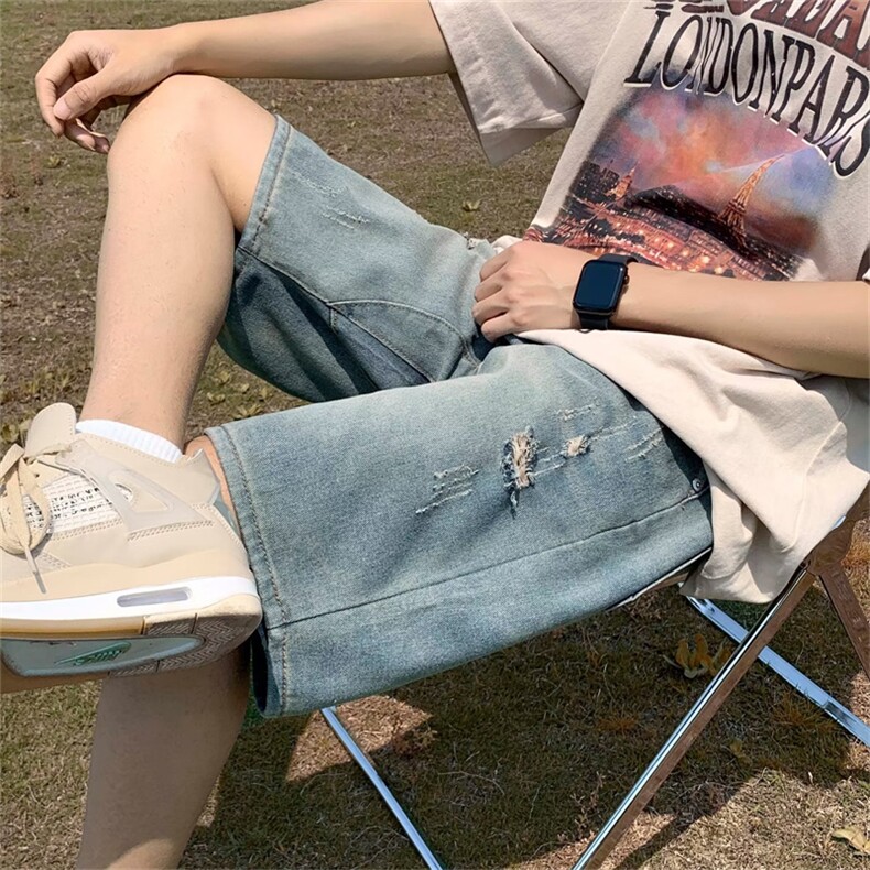 美式高街ins牛仔短裤男女夏季潮流学生痞帅破洞五分裤子SD54-P35,男装牛仔裤,星座1008-1