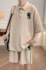 2024夏款潮时尚翻领半袖套装个性刺绣短裤T恤男女6631-P70控价98，男装T恤，电商A441-1