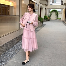 法式小香风流苏马甲连衣裙两件套女春秋新款轻熟风白色气质长裙子，女装套装/套裙，纯色衣恋
