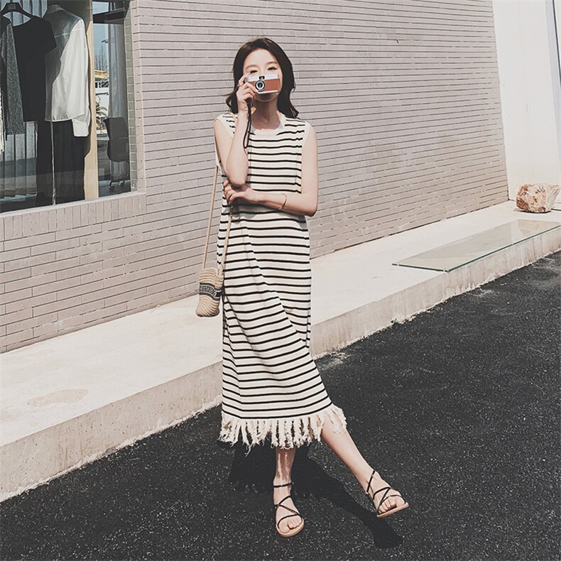 法式条纹针织无袖连衣裙2025新款女夏季韩系遮肚显瘦休闲直筒长裙,女装连衣裙,浙宝189
