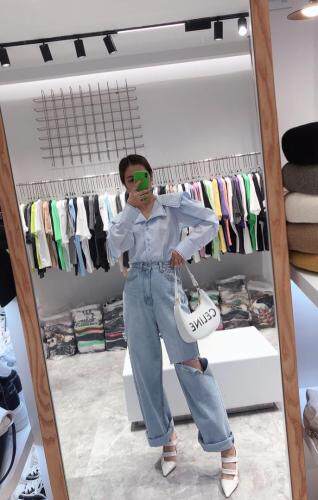 韩版衬衣?破洞牛仔裤，女装牛仔裤，ZOWOW