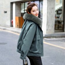 棉衣/棉服2021新款冬兔毛中长款工装带帽棉服女外套配毛领，女装派克服，瑶迪依秀