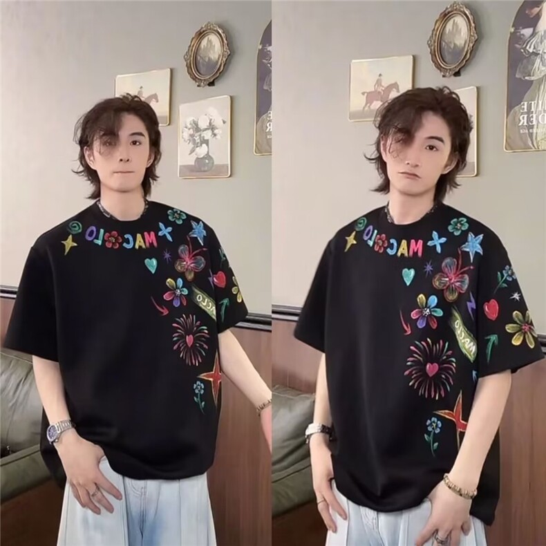 夏季手绘涂鸦印花小众设计T恤男美式圆领潮牌情侣短袖重磅五分袖,男装T恤,星座1210-1