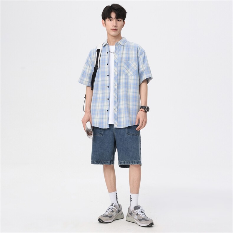 格子短袖衬衫跑量款潮流格子风休闲透气短袖青少年男装上衣,男装T恤,星座1107-1